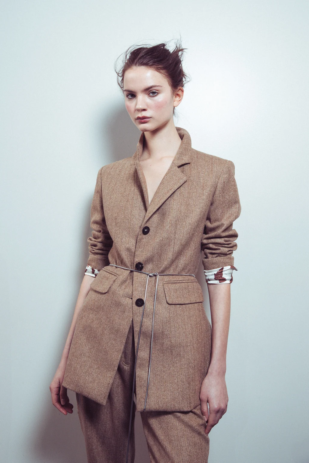 Alejandra Alonso Rojas — Portrait of a model in a tailored double-breasted suit