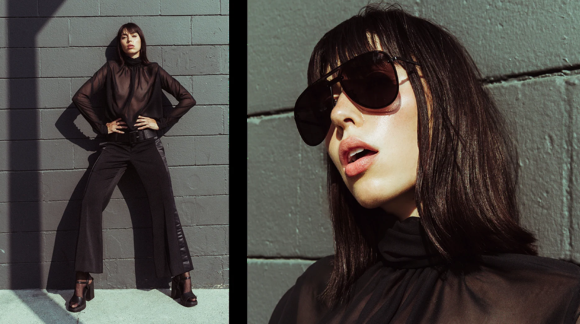 Fashion diptych of a model in dark tailoring and sunglasses